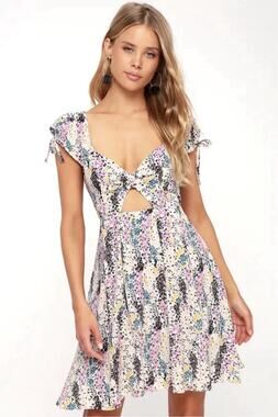 Free People Floral Mini Dress Small Tie Sleeve Boho Pockets Keyhole Front